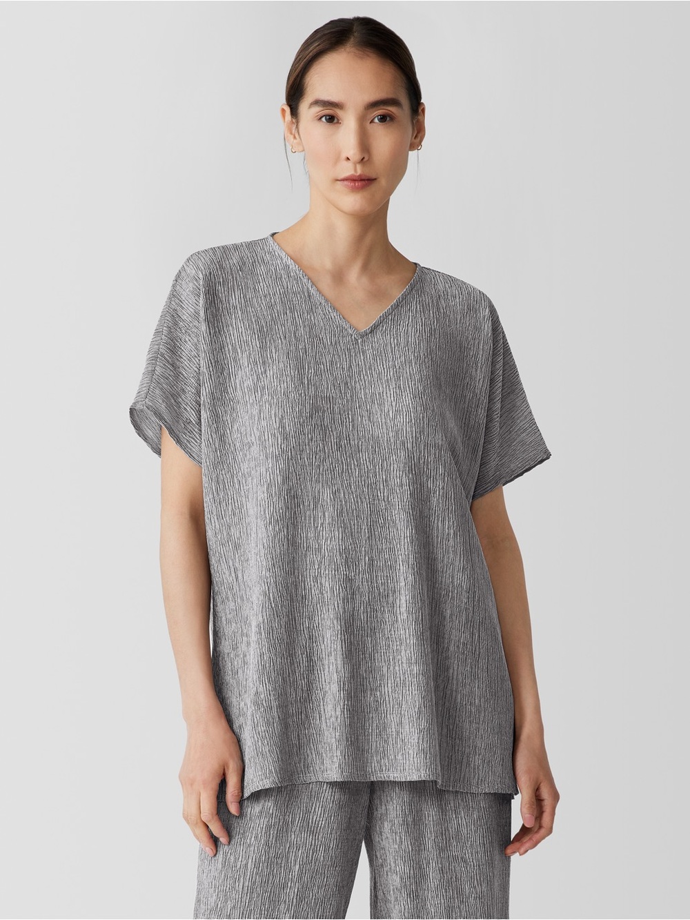 Eileen Fisher Plisse V Neck Gray Blouse Top